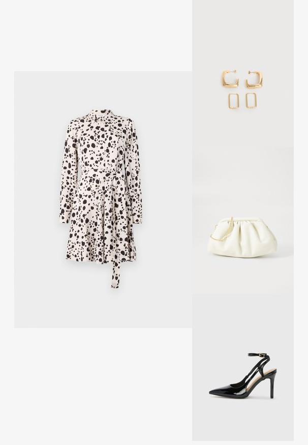 Lange mouw jurk in lichtbeige met zwart gespikkeld patroon, knoopsluiting aan de voorkant, tailleband en uitlopende rok. Gladde stoffen textuur.; Zwarte lakleren hoge hak slingback schoenen met spitse neus, verstelbare enkelband en open zijkanten. Gladde textuur.; Witte leren handtas met een geassembleerd ontwerp, voorzien van een gouden kettingband en een ronde vorm. Gladde textuur met zachte plooien en geen patronen.; Twee paar gouden geometrische creolen op een effen witte ondergrond, een paar vierkant en massief, een paar rechthoekig en hol.