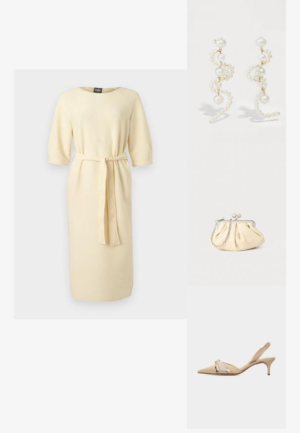 Robe crème côtelée longueur genou avec manches 3/4 et ceinture assortie nouée à la taille.; Chaussure beige à bouts pointus avec bride arrière, talon kitten bas et fin, et nœud décoratif sur la tige.; Pochette en cuir beige plissé avec un cadre en métal argenté, dotée de deux fermoirs ronds décoratifs et d'une chaîne en argent.; Boucles d'oreilles en perles blanches avec un design torsadé, mettant en valeur des perles de tailles variées et des accents dorés. Texture lisse et forme élégante.