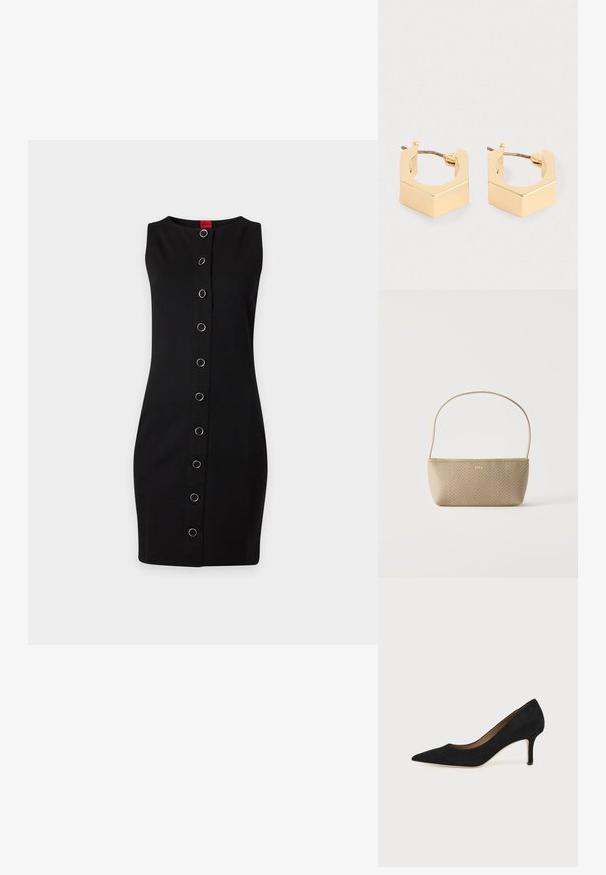 Robe noire sans manches mi-longue avec un col rond et une rangée verticale de boutons anneaux argentés sur le devant.; Escarpin en daim noir à bout pointu avec un talon stiletto fin de hauteur moyenne et un design à coupe basse sur un fond uni.; Sac à main tissé beige avec fine bandoulière et petit logo doré "BOSS" à l'avant, présenté sur fond blanc uni.; Une paire de petites boucles d'oreilles géométriques en ton or avec des bords angulaires et des fermoirs à tige sur un fond clair.
