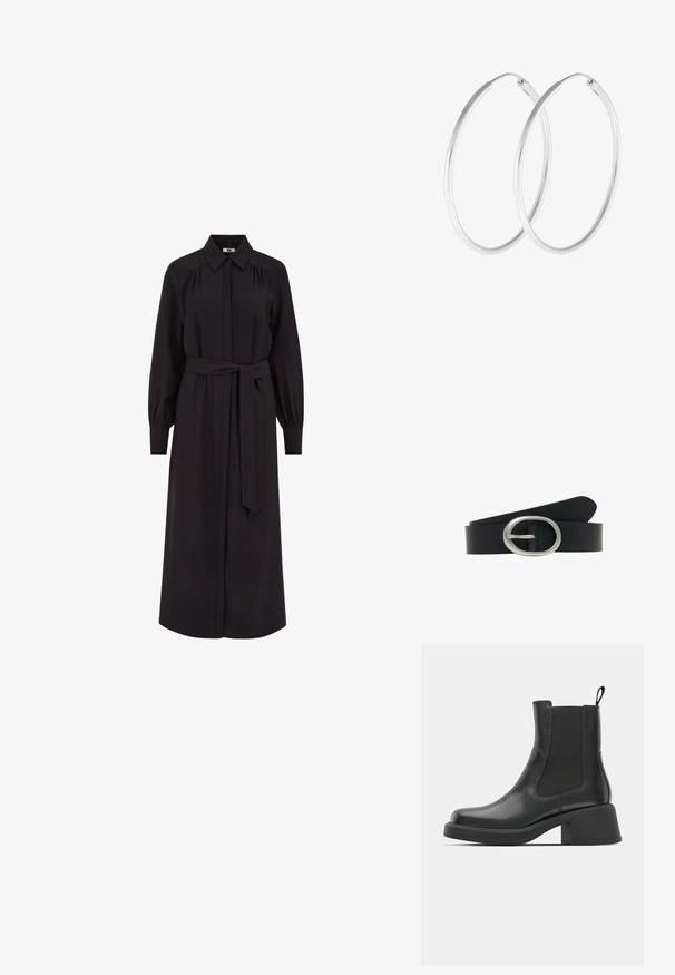 Largo vestido negro con cuello camisero, cierre delantero con botones, mangas largas abullonadas y cinturón atado en la cintura. Fabricado en una tela suave.; Botas de cuero negro hasta el tobillo con paneles laterales elásticos, punta redondeada y un tacón grueso. Textura suave con un diseño minimalista.; Pendientes de aro en tono plateado con forma redonda y un acabado pulido. Ambos pendientes son del mismo tamaño y cuentan con un mecanismo de cierre seguro.; Cinturón de cuero negro con textura suave y hebilla de metal plateado redondeada, mostrado enrollado sobre un fondo blanco.