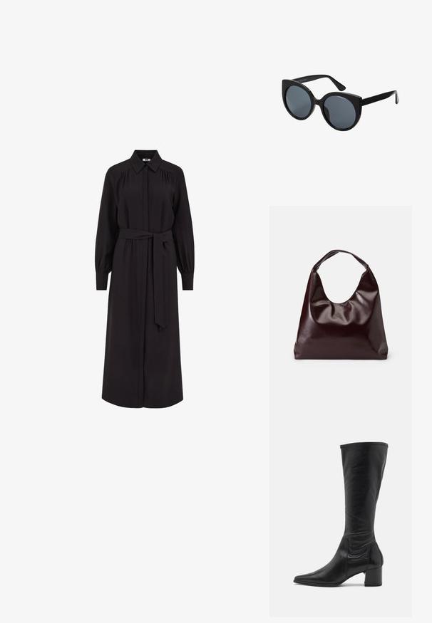 Largo vestido negro con cuello camisero, cierre delantero con botones, mangas largas abullonadas y cinturón atado en la cintura. Fabricado en una tela suave.; Bota de cuero negro hasta la rodilla con punta afilada, detalles de costura mínimos y un tacón cuadrado robusto. Textura lisa con un acabado brillante.; Gafas de sol negras de gran tamaño con forma de ojo de gato, lentes oscuros y montura de plástico brillante. Presenta patillas gruesas para mayor soporte.; Bolso tote vegan de cuero brillante en burdeos, con una forma suave y escultórica y un asa ancha y curvada para facilitar el transporte.