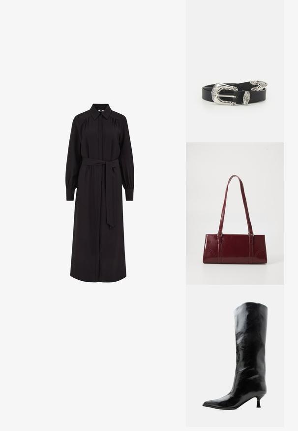 Largo vestido negro con cuello camisero, cierre delantero con botones, mangas largas abullonadas y cinturón atado en la cintura. Fabricado en una tela suave.; Bota negra de cuero brillante hasta la rodilla con punta puntiaguda y tacón bajo curvado sobre un fondo claro y liso.; Bolso burdeos hecho de material brillante, de forma rectangular, con dos asas para el hombro y sutiles acentos curvados en la parte frontal.; Cinturón de cuero negro con una gran hebilla de metal plata que presenta un detallado intrincado y acentos decorativos en ambos extremos.