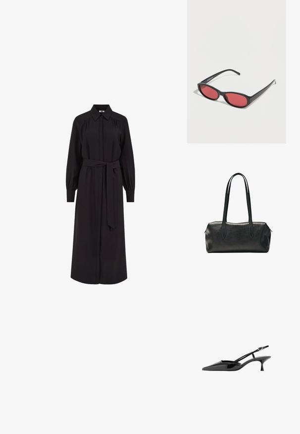 Lang sort kjole med kraveformet halsudskæring, knaplukning foran, lange puffede ærmer og et bælte, der knyttes i taljen. Fremstillet af glat stof.; Sort laklæder peep toe slingback kitten heel sko med tynd ankelrem og guld spænde.; Sorte ovale solbriller med tynde arme og rødtonede linser, der ligger på en hvid overflade.; Sort rektangulær læderhåndtaske med to lange skulderstropper og en lynlåslukning øverst.