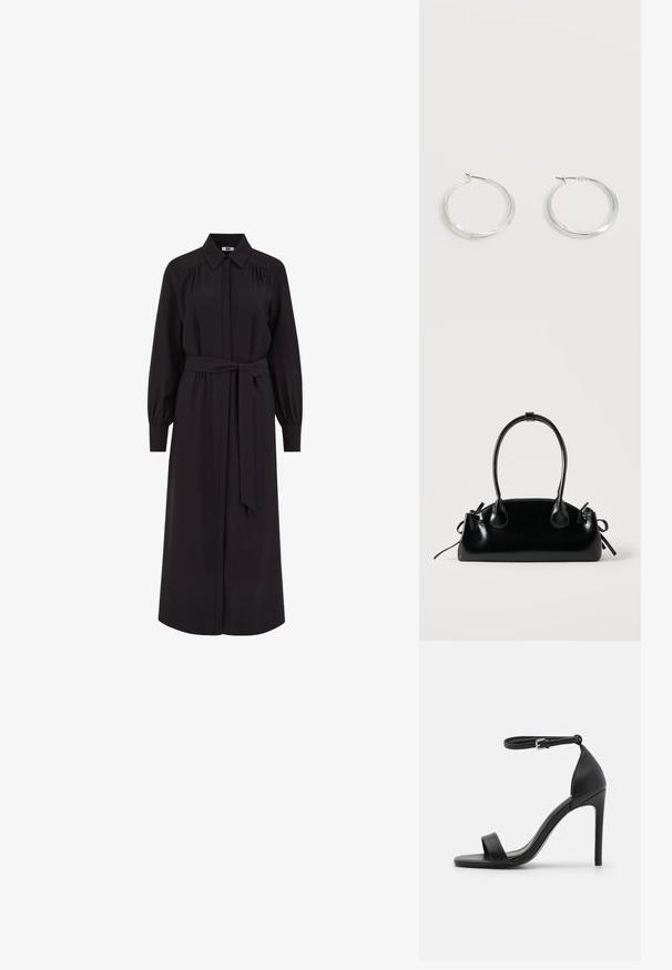 Largo vestido negro con cuello camisero, cierre delantero con botones, mangas largas abullonadas y cinturón atado en la cintura. Fabricado en una tela suave.; Sandalia de tacón alto negra con un diseño elegante, que cuenta con una correa en el tobillo, punta abierta y una textura de cuero suave.; Pequeño bolso negro brillante con dos asas largas y detalles de cordón lateral sobre un fondo claro liso.; Pendientes de aro de metal plateado con superficie lisa y ligeramente curvada y cierre de tipo mosquetón sobre un fondo blanco liso.