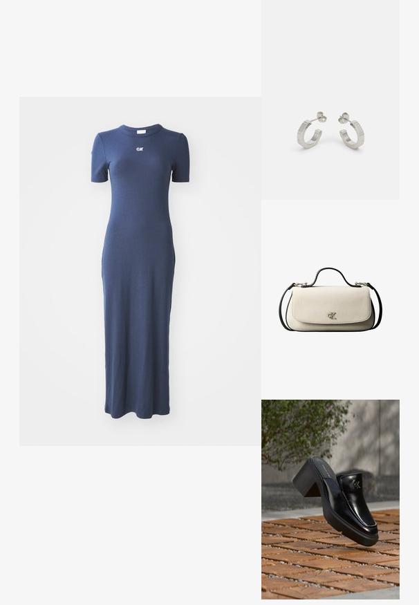 Navyblaues geripptes Strickkleid mit figurbetonter Silhouette, kurzen Ärmeln und rundem Ausschnitt. Mit kleinem Logo auf der Brust.; Schwarze Leder-Slip-on-Mule von Calvin Klein mit Blockabsatz, die auf Holzfliesen im Freien nahe einer grünen Pflanze und einer grauen Wand ruht.; Cremefarbene, rechteckige Handtasche mit schwarzem Riemen und Griff, vordere Klappe als Verschluss und kleinem silbernem "cK"-Logo in der Mitte vorne.; Silberne Metall-Hoops mit strukturiertem Design, ausgestattet mit einem kleinen Steckverschluss und Branding an einem Hoop. Abgerundete Form mit glänzender Oberfläche.