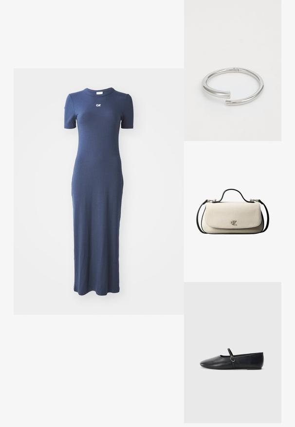 Vestido de punto acanalado azul marino con una silueta ajustada, mangas cortas y un escote redondo. Presenta un pequeño logo en el pecho.; Bailarinas de cuero negro con punta afilada, suela plana y una pequeña correa con detalle de hebilla plateada.; Bolso rectangular de color crema con correa y asa negras, cierre frontal con solapa y pequeño logo plateado "cK" en el centro del frente.; Calvin Klein SPIRAL - Pulsera - silver-coloured