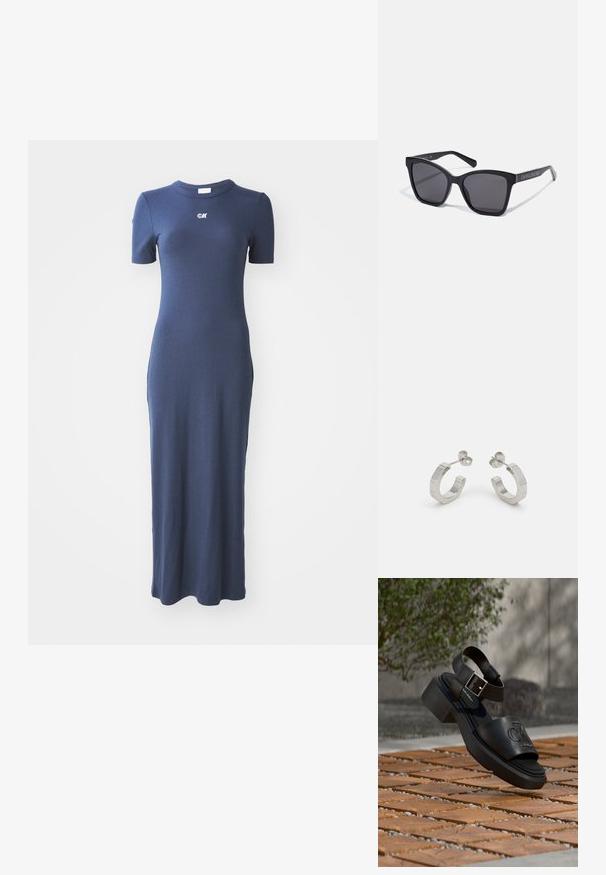 Tumesinine soonikuga kootud kleit, millel on keha lähedane siluett, lühikesed varrukad ja ümmargune kaelus. Ees on väike logo.; Mustast nahast Calvin Kleini sandaal, millel on pahkluu rihm ja pandel, hõljumas puust ja kivist plaatidega kaetud välipinnal.; Mustad mustan värvi ristkülikukujulised päikeseprillid tumedate läätsedega ja läikivate raamidega. Küljel on hõbedased brändingud. Ruudukujuline kuju ja tugevad käed.; Hõbedased metallist rõngakõrvarõngad tekstureeritud kujundusega, millel on väike kinnituskate ja bränding ühel rõngal. Ümar kuju ja poleeritud viimistlus.
