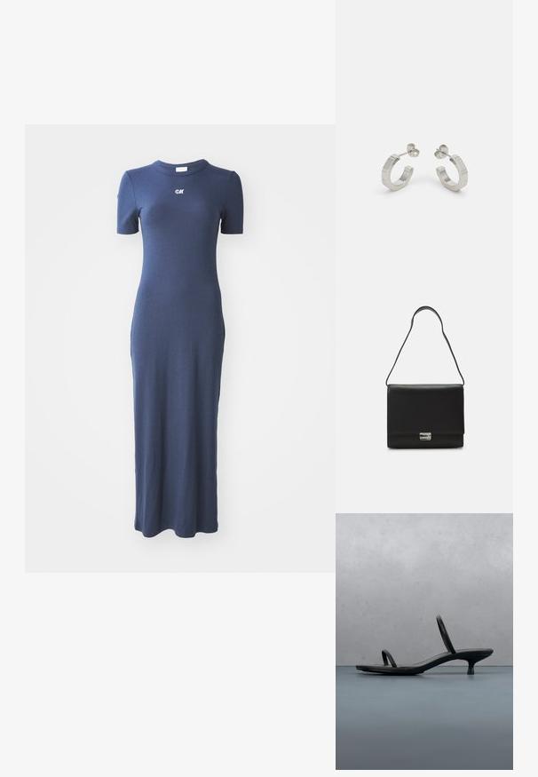 Vestido de punto acanalado azul marino con una silueta ajustada, mangas cortas y un escote redondo. Presenta un pequeño logo en el pecho.; Sandalia de tacón negra Calvin Klein con tiras finas, equilibrada sobre baldosas de madera al aire libre cerca de una pared y vegetación.; Calvin Klein ARCHIVE SHOULDER BAG SHINY - Bolso de mano - black; Pendientes aros de metal plateado con un diseño texturizado, que cuentan con un pequeño respaldo de clip y una marca en uno de los aros. Forma redondeada con un acabado pulido.