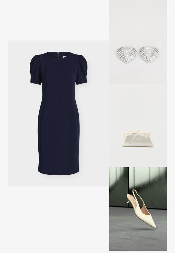 Robe bleu marine longueur genou avec manches courtes bouffantes, encolure ronde, silhouette ajustée et fermeture éclair au dos.; Chaussure femme beige à bout pointu avec bride arrière et petit talon kitten, flottant au-dessus d'un sol gris sur fond sombre flou.; Petit sac à main argenté brillant avec une monture dorée et deux fermoirs ronds sur le dessus, posé sur un fond clair uni.; Boucles d'oreilles en argent avec un design ondulé et texturé, en forme de croissants superposés ; la finition polie accentue les qualités réfléchissantes.