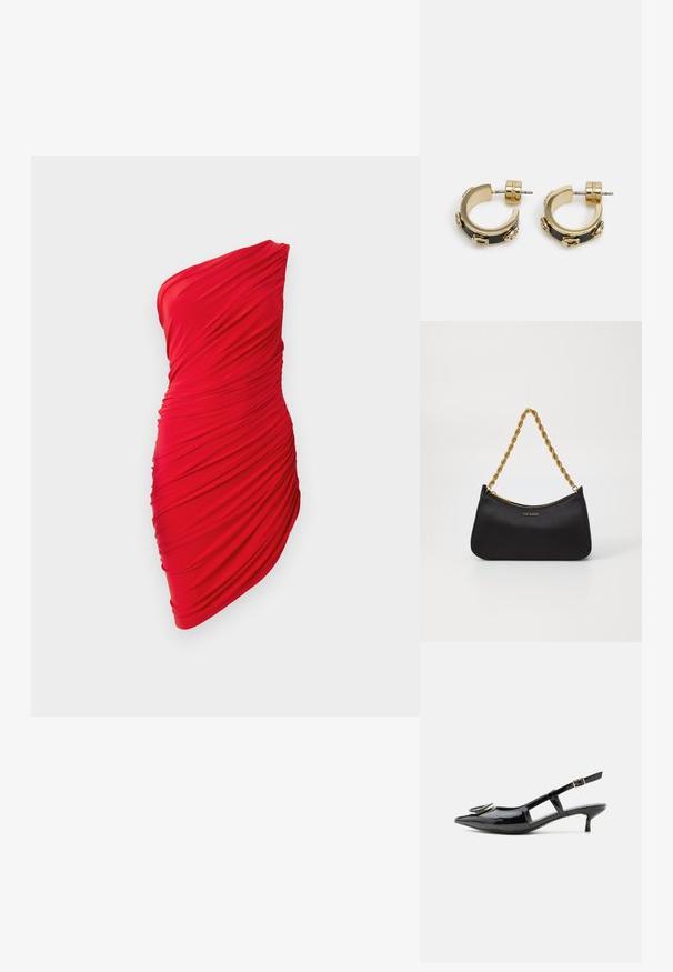 Rotes Ein-Schulter-Kleid aus gerafftem Stoff, mit rüschiertem Textur und figurbetontem Design, das die Kurven betont.; Schwarzer Slingback-Schuh aus Lackleder mit Kitten-Heel, spitzer Spitze, ausgeschnittenen Seiten, Schnallenriemen und rundem metallic Detail an der Spitze.; Schwarze Satin-Handtasche in geschwungener Form, mit einer Kette aus goldfarbenem Metall und einem Reißverschluss. "TED BAKER"-Logo auf der Vorderseite geprägt.; Goldfarbene Creolen mit schwarzen Akzenten, die dekorative Hardware-Details und eine polierte Oberfläche aufweisen, gesichert mit einer Steckverschluss.