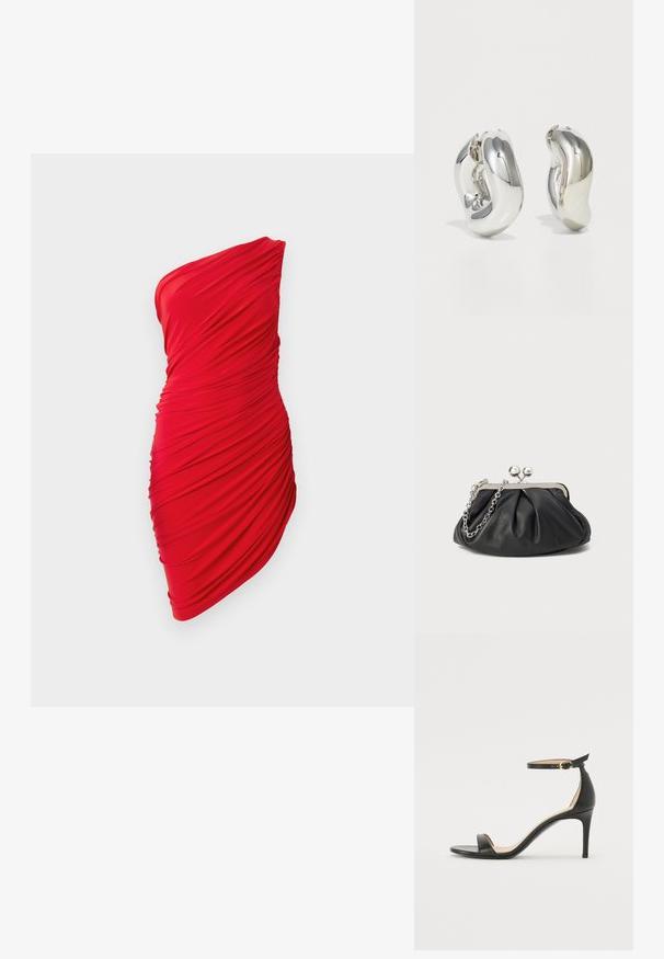 Rotes Ein-Schulter-Kleid aus gerafftem Stoff, mit rüschiertem Textur und figurbetontem Design, das die Kurven betont.; Schwarze Leder-high-heeled Sandale mit Knöchelriemen. Verfügt über eine glatte Textur, offene Zehen und einen dünnen Absatz. Goldfarbener Schnallenakzent.; Schwarze Leder-Clutch mit geraffter Textur, silberfarbener Metallrahmen, Druckverschluss und Kettenriemen. Glatte, weiche Oberfläche.; Silberne skulpturale Ohrringe mit glatten, geschwungenen Formen und reflektierenden Oberflächen. Sie verfügen über ein geschlossenes Ringdesign und eine ausgeprägte organische Form.