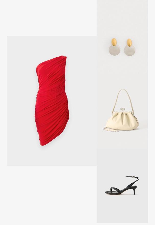 Robe rouge à une épaule fabriquée à partir de tissu froncé, présentant une texture plissée et un design ajusté, mettant en valeur les courbes.; Sandale pour femme en cuir noir avec fines lanières, une boucle d'orteil, une boucle à la cheville et un talon aiguille de hauteur moyenne sur un fond neutre.; Sac à main en cuir souple couleur crème avec un design froncé, fermoir cadre argenté, poignée courte et bandoulière chaîne amovible.; Boucles d'oreilles en métal doré et argenté avec une base en disque rond et une pièce supérieure ovale, texture lisse et finition polie.