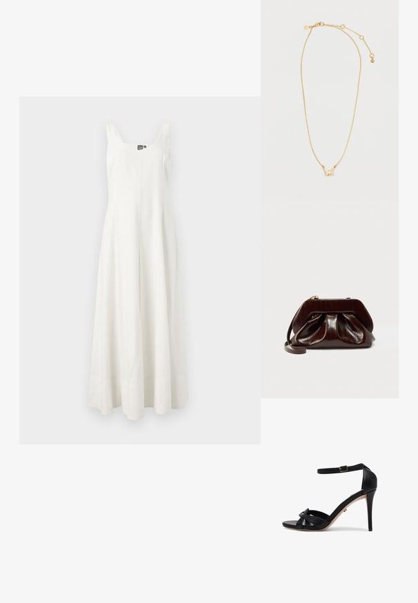 Vestido maxi blanco sin mangas, hecho de una tela ligera, que presenta un corsé ajustado y una falda fluida, con un diseño minimalista y sin patrones visibles.; Sandalias de tacón alto de cuero negro con punta abierta, correa en el tobillo y bandas frontales entrelazadas. Cuenta con un delgado tacón de aguja y una suela de color tostado.; Bolso de mano de cuero marrón oscuro brillante con diseño plisado y una correa delgada para la muñeca sobre fondo blanco.; Collar delicado de cadena de oro con un pequeño colgante de mariposa que presenta detalles de gemas blancas y transparentes, cierre ajustable con eslabones de extensión.