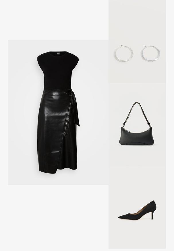 Vestido negro con parte superior ajustada y una falda de cuero fluida de largo midi. La falda tiene un cierre lateral y un lazo de tela en la cintura.; Salón de ante negro con punta puntiaguda, tacón de aguja delgado de altura media y diseño de corte bajo sobre un fondo liso.; Bolso de hombro de cuero negro con forma rectangular curvada, cadena dorada entrelazada en una correa negra trenzada y cierre superior con cremallera.; Pendientes de aro de metal plateado con superficie lisa y ligeramente curvada y cierre de tipo mosquetón sobre un fondo blanco liso.