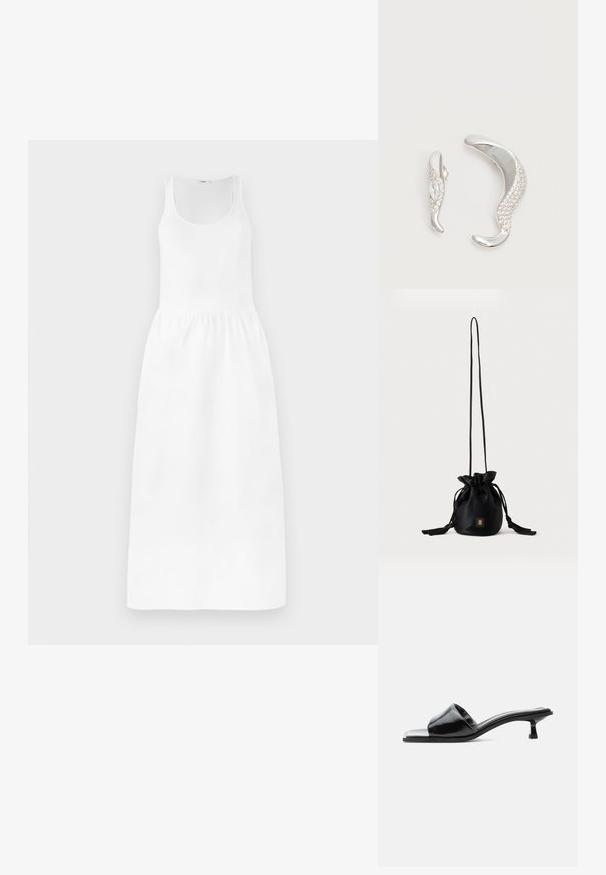 Witte maxi-jurk met een mouwloos ontwerp, ronde halslijn, strakke taille en vloeiende rok. Gemaakt van een lichtgewicht stof.; Zwarte lakleren mule met open teen, een lage kittenhak en een brede band over de tenen, afgebeeld in zijprofiel tegen een effen achtergrond.; Zwarte bucketbag met trekkoord, lange dunne band en klein goudkleurig vierkant logo aan de voorkant, weergegeven tegen een eenvoudige achtergrond.; Twee gebogen zilveren oorbellen, de één groter dan de ander, beide versierd met kleine fonkelende kristallen langs één rand.