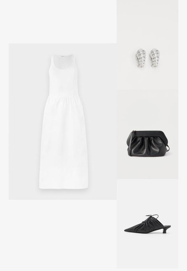 Hvid maxi-kjole med ærmeløs design, rund halsudskæring, cinchet talje og svajende skirt. Fremstillet af letvægtsstof.; Sorte læder slip-on mules med spids tå, samlet tekstur og en lille kitten heel. Har en snor-detalje ved åbningen.; Sort læderclutch med struktureret ramme, rynkedetaljer og en slank håndledsrem på hvid baggrund.; Sølv clip-on øreringe med spiralmønster, der har en glat metallisk tekstur og runde former. Ingen synlige udsmykninger eller mønstre.