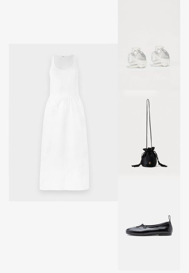 Witte maxi-jurk met een mouwloos ontwerp, ronde halslijn, strakke taille en vloeiende rok. Gemaakt van een lichtgewicht stof.; Zwarte gepoetste leren balletschoenen met een ronde neus, een klein strikje en een gladde textuur; heeft een lage platte zool en een lusje aan de hiel.; Zwarte bucketbag met trekkoord, lange dunne band en klein goudkleurig vierkant logo aan de voorkant, weergegeven tegen een eenvoudige achtergrond.; Zilveren oorknopjes in schelpvorm met textuuraccenten en gladde rondingen, voorzien van een doorzichtige achterkant voor een veilige bevestiging.