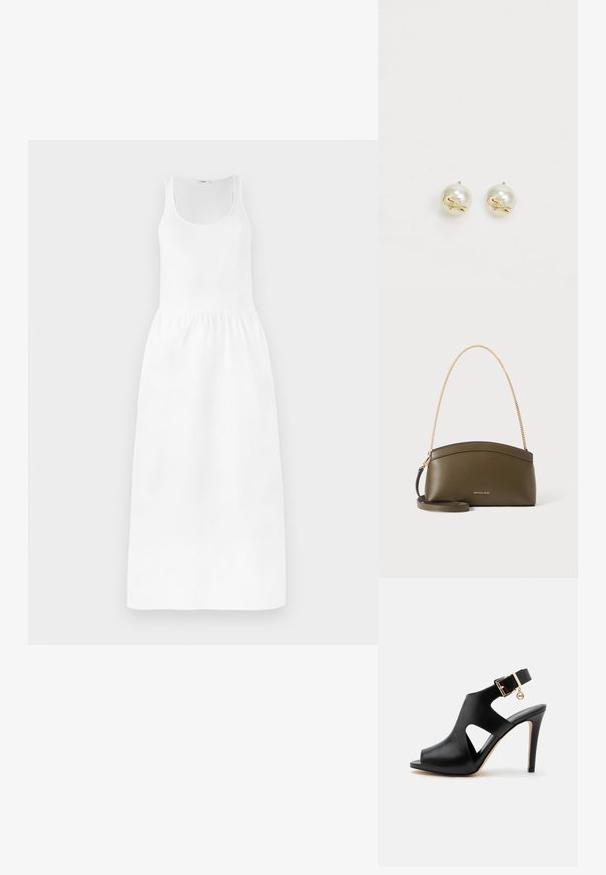 Witte maxi-jurk met een mouwloos ontwerp, ronde halslijn, strakke taille en vloeiende rok. Gemaakt van een lichtgewicht stof.; Zwarte leren sandaal met hoge hak, open teen, zijkanten met uitsnedes, enkelbandje, gouden gesp en klein rond hangertje op een lichte achtergrond.; Olijfgroene Michael Kors-handtas met gouden kettingschouderband, gebogen bovenkant en klein goud logo aan de voorkant, getoond tegen een witte achtergrond.; Parelsstud oorbellen met een glanzende afwerking; versierd met een kleine gouden krokodilaccent op elke oorbel. Cirkelvormig, gladde textuur.