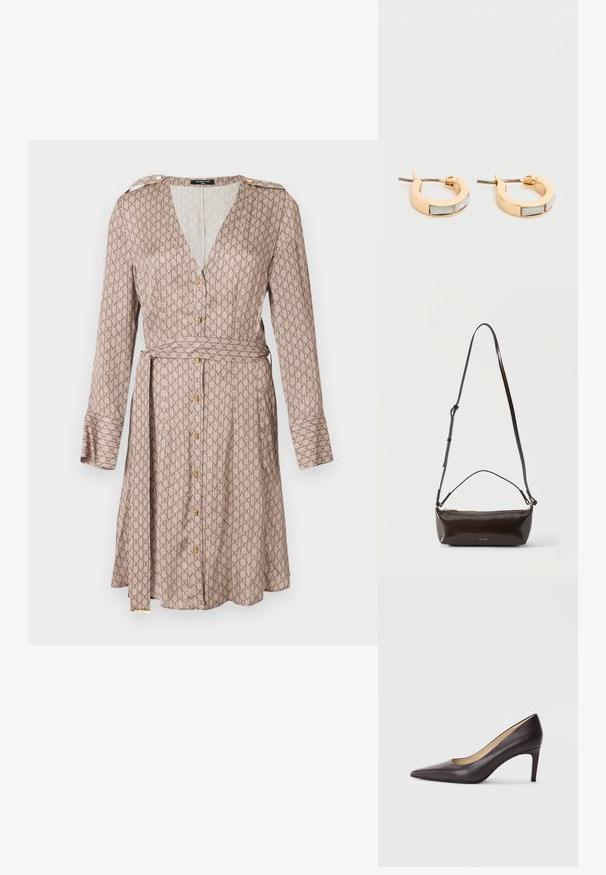 Vestido de corte envolvente de mangas largas en tejido beige con un patrón marrón repetido, que presenta un escote en V profundo, detalles de botones dorados y un cinturón a juego.; Zapato de tacón alto de cuero marrón con punta puntiaguda, tacón delgado de 7 cm, textura suave y diseño minimalista. Sin adornos visibles.; Pequeño bolso de hombro de cuero marrón oscuro brillante con correa ajustable, asa superior y cierre de cremallera dorado.; Pendientes de aro de oro con incrustaciones rectangulares blancas, exhibidos uno al lado del otro sobre un fondo claro y sencillo.