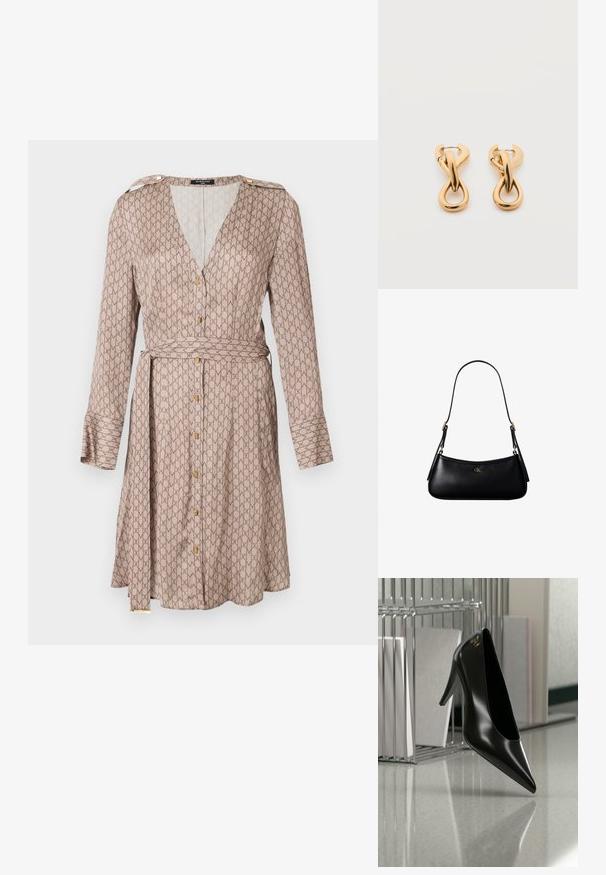 Langere mouw wikkeljurk in beige stof met een herhalend bruin patroon, voorzien van een diepe V-hals, gouden knoopdetails en een bijpassende riem.; Zwart hooggehakt schoen met puntige neus en gouden logo, geplaatst op een reflecterend oppervlak naast een verchroomde draadordner met documenten.; Zwarte leren mini schoudertas met een dun riempje en klein goudkleurig CK-logo aan de voorkant in het midden.; Een paar glanzende oorringen in goudkleur met een lusvormige, gedraaide en verstrengelde ontwerp, afgebeeld op een eenvoudige witte achtergrond.