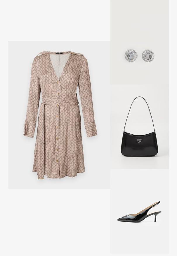 Langærmet omslagkjole i beige stof med et gentagende brunt mønster, der har en dyb V-halsudskæring, guldknapdetaljer og et matchende bælte.; Sort patentlæder slingback hæl med spids tå, lille kitten hæl og sølvspænde på en ensartet hvid baggrund.; Sort patenteret læder skuldertaske med en buet form, prydet med et sølvfarvet trekantet logo og en lynlås-lukning. Glat tekstur og slank rem.; Runde sølv ørestikker med bogstavet G i midten, omgivet af to rækker små klare krystaller.