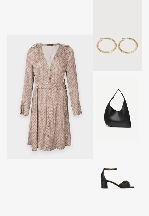Langere mouw wikkeljurk in beige stof met een herhalend bruin patroon, voorzien van een diepe V-hals, gouden knoopdetails en een bijpassende riem.; Zwarte leren sandaal met een brede band, gespsluiting en een enkelbandje. Heeft een stevige hak voor stabiliteit en een gladde afwerking.; Zwarte leren schoudertas met gebogen driehoekige vorm, enkele verstelbare riem en zichtbare diagonale naad aan de voorkant.; Een paar gladde, glanzende gouden creooloorbellen met dunne pennen en scharnierende sluitingen op een eenvoudige lichte achtergrond.
