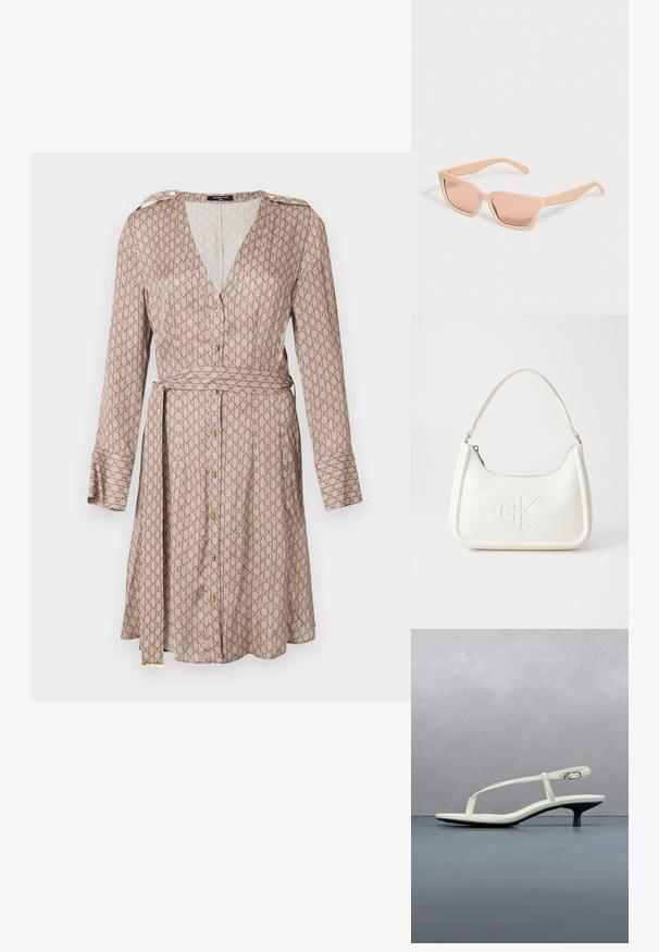 Vestido de corte envolvente de mangas largas en tejido beige con un patrón marrón repetido, que presenta un escote en V profundo, detalles de botones dorados y un cinturón a juego.; Sandalia blanca de tacón kitten con tiras y punta afilada, flotando sobre un suelo de baldosas de madera al aire libre, con un fondo desenfocado de plantas y pared.; Gafas de sol rectangulares color melocotón claro con montura gruesa y lentes tintadas a juego sobre un fondo claro y liso.; Bolso de mano de cuero blanco con forma curvada, con un logo "CK" en relieve en la parte delantera y una sola correa para el hombro. Cierre de cremallera en la parte superior.