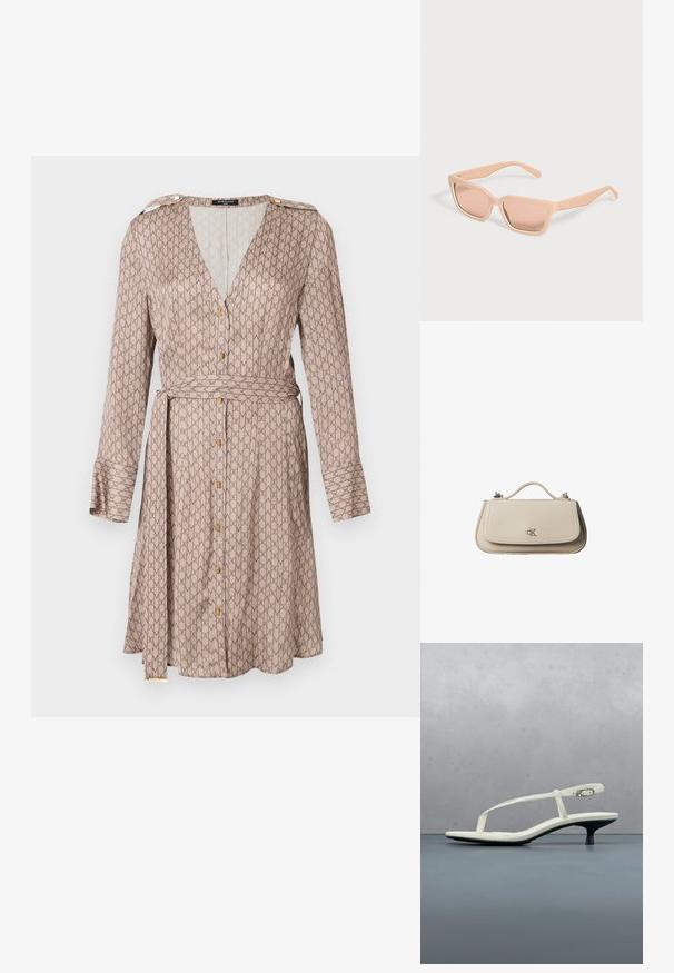 Robe portefeuille à manches longues en tissu beige avec un motif brun répétitif, présentant un décolleté en V profond, des détails en boutons dorés, et une ceinture assortie.; Sandale blanche à talon kitten avec des lanières et un bout pointu, flottant au-dessus d'un sol en carrelage en bois en plein air avec un arrière-plan flou de plante et de mur.; Lunettes de soleil rectangulaires couleur pêche clair avec montures épaisses et verres teintés assortis sur un fond uni clair.; Petit sac à main en cuir beige avec poignée supérieure et logo CK argenté sur le rabat avant, présenté sur fond blanc.