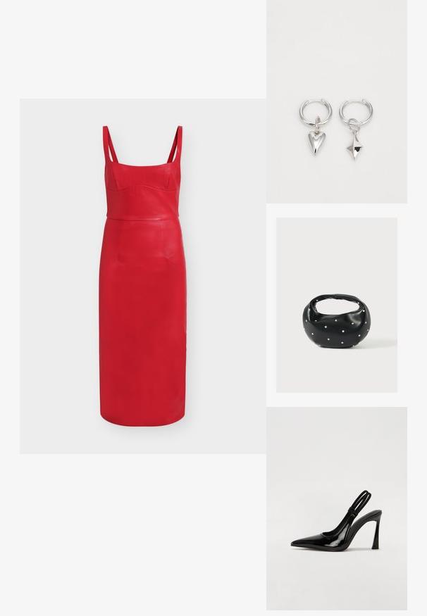 Robe midi en cuir rouge avec un corsage ajusté, de larges bretelles et une jupe droite. Présente un design sans coutures avec des détails minimaux.; Escarpin en cuir verni noir à talon aiguille, à bout pointu, avec une sangle élastique double pour un maintien sécurisé. Surface lisse et brillante.; Sac à main en cuir noir de forme arrondie, décoré de clous argentés et équipé d'une poignée courte. Texture lisse et fermeture éclair.; Boucles d'oreilles en argent en forme de créoles, ornées d'un cœur et d'un pendentif en forme de diamant. Texture lisse avec une finition polie.