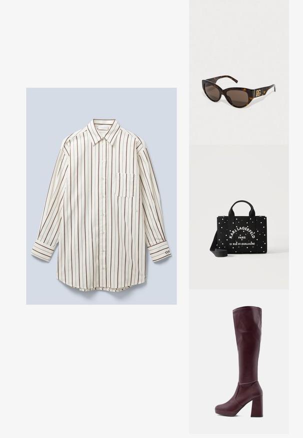 Camisa de manga larga, con botones, hecha de tela ligera, con rayas verticales blancas y marrones, un bolsillo en el pecho y puños abotonados.; Botas hasta la rodilla color granate hechas de cuero liso, con un tacón grueso de bloque y una silueta estilizada. La parte superior tiene detalles mínimos de costura.; Gafas de sol carey con lentes oscuros, forma de ojo de gato y acento de logo dorado en la patilla. Textura suave y diseño contemporáneo.; Bolso tote negro con lunares blancos, doble asa, correa de hombro extraíble y texto "KARL LAGERFELD PARIS 21 RUE ST-GUILLAUME" en la parte delantera.