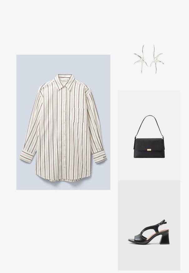 Camisa de manga larga, con botones, hecha de tela ligera, con rayas verticales blancas y marrones, un bolsillo en el pecho y puños abotonados.; Sandalia de tacón de cuero negra con punta abierta, amplias perforaciones y correa trasera ajustable. El tacón cuadrado ofrece un sólido soporte. Textura suave.; Bolso de mano negro hecho de un material texturizado con una forma estructurada. Presenta un cierre de solapa, un acento en tono dorado y un asa sencilla.; Pendientes de plata con forma de estrella de mar abstracta con cinco brazos irregulares y curvados y un acabado pulido.
