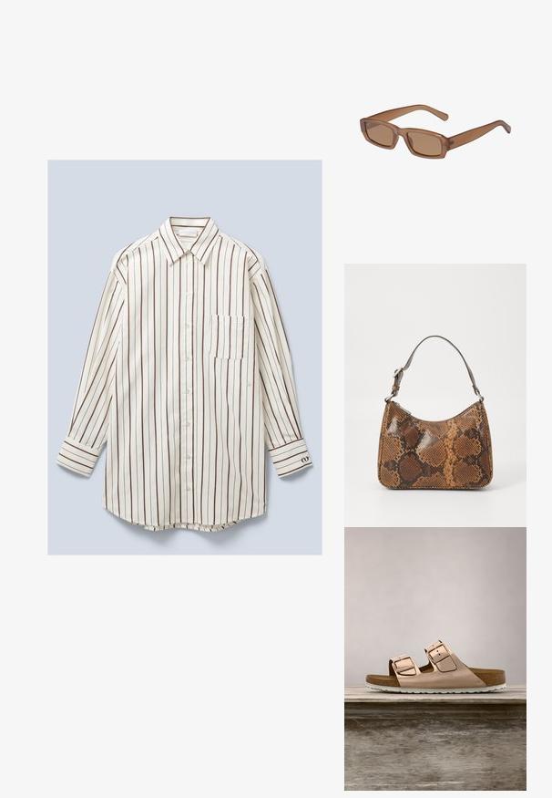 Langsleeve, button-up shirt van lichtgewicht stof, met verticale witte en bruine strepen, een borstzak en knoopsluiting bij de mouwen.; Roze-gouden slidersandalen met twee verstelbare metalen gespen, kurken voetbed en witte rubberen zool. Gladde metalen afwerking, open teen ontwerp.; Bruine, rechthoekige zonnebril met een transparant montuur, slanke pootjes en getinte lenzen, met een gladde textuur en modern ontwerp.; Kleine handtas met een bruin en zwart slangenprintpatroon, korte verstelbare schouderriem en ritssluiting.