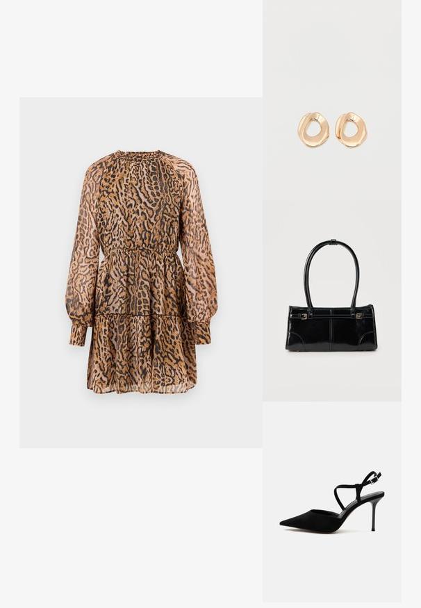 Dierenprint jurk met lange mouwen, elastische taille, gelaagd ontwerp en een mix van bruine en zwarte kleuren op een doorzichtig stof.; Zwarte pumps met spitse neus, smalle stilettohak en dunne enkelbandjes met een zilveren gesp op een witte achtergrond.; Glanzend zwart rechthoekig handtasje met twee dunne schouderbanden en kleine gouden gespsdetails aan de voorkant.; Set van onregelmatig gevormde, gepolijste hoepel oorbellen van goudkleurig metaal met een open midden op een effen witte achtergrond.