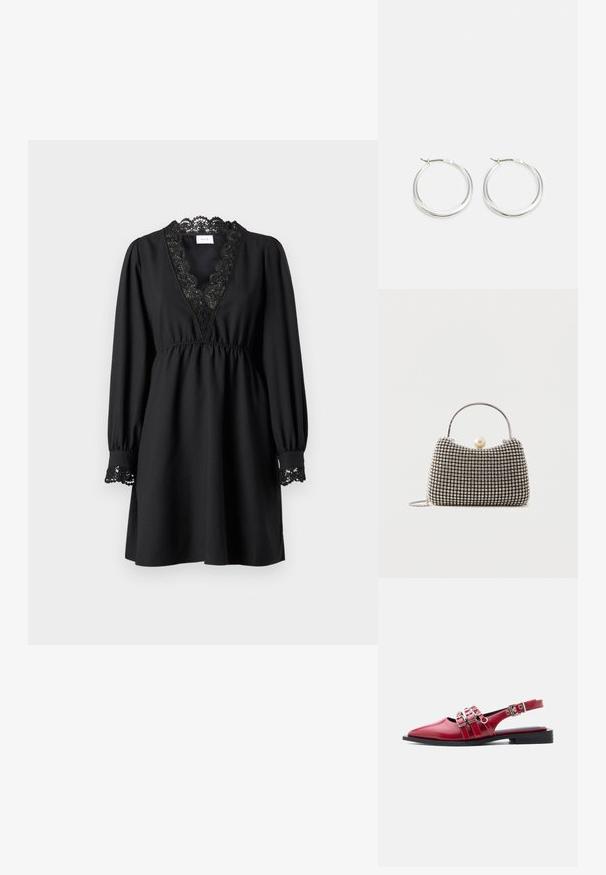 Mustas kleit pika varruka, tekstureeritud kangas, sügava V-kaelusega ja pitsist äärega kaeluses ja varrukaotstes. Elastne vöökoht.; Punane terava ninaga lamedapõhjaline slingback-king, millel on kolm hõbedast pandlaga rihma ja madal must konts valgel taustal.; Väike käekott hõbedase võrgumustriga, kõver käepide, suur pärlikinnitus ja õhuke hõbedane kettsahtel lihtsal taustal.; Hõbedased rõngasnõelad on sujuva ja ümara kujundusega, õhukese profiiliga ning kindla lukuga. Minimalistlik stiil ja läikiv viimistlus.