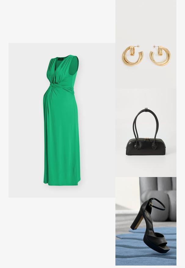 Robe de maternité longue verte sans manches avec un détail de tissu froncé au niveau de la poitrine et de la taille sur un fond uni.; Sandale à talon haut noire avec un bout carré, une bride de cheville ajustable, une texture matelassée et un talon bloc orné d'un accent doré.; Sac à main en cuir noir avec deux anses allongées, fermeture éclair et forme arrondie ; texture lisse avec une finition légèrement brillante.; Paire de boucles d'oreilles créoles doubles en or brillant avec attaches à tige sur fond blanc.