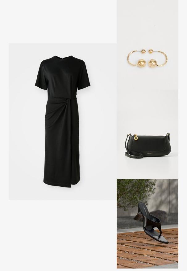 Schwarzes Midikleid aus weicher Stoffqualität, mit kurzen Ärmeln, einem runden Ausschnitt und einem Wickeldetail in der Taille, das einen drapierten Effekt erzeugt.; Schwarze Calvin Klein Riemchensandale mit Absatz, schwebend über einer gefliesten Außenfläche mit Grünpflanzen und einer Betonwand im Hintergrund.; Schwarze Leder-Umhängetasche mit glatter Textur, goldenen Hardware-Akzenten, einem Reißverschluss und einem Logo entlang der unteren Kante.; Ohrringe aus vergoldetem Metall mit einem kreisförmigen Design, das zwei Sphären zeigt: eine größere, strukturierte Kugel und eine kleinere, polierte Kugel an der Spitze.
