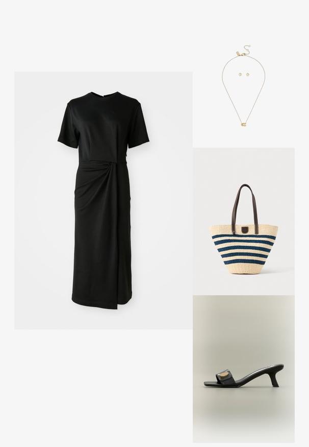Vestido negro midi en tela suave, con mangas cortas, escote redondo y un detalle retorcido en la cintura que crea un efecto drapeado.; Sandalia mule negra con punta abierta, tacón curvado de altura media y adorno ovalado dorado en la amplia tira frontal, sobre un fondo neutro.; Bolsa tote tejida con rayas horizontales azul marino y beige y asas dobles de cuero marrón oscuro.; Collar de cadena de oro con un colgante en forma de herradura que presenta un cristal transparente, combinado con pendientes de botón de oro a juego con cristales transparentes.