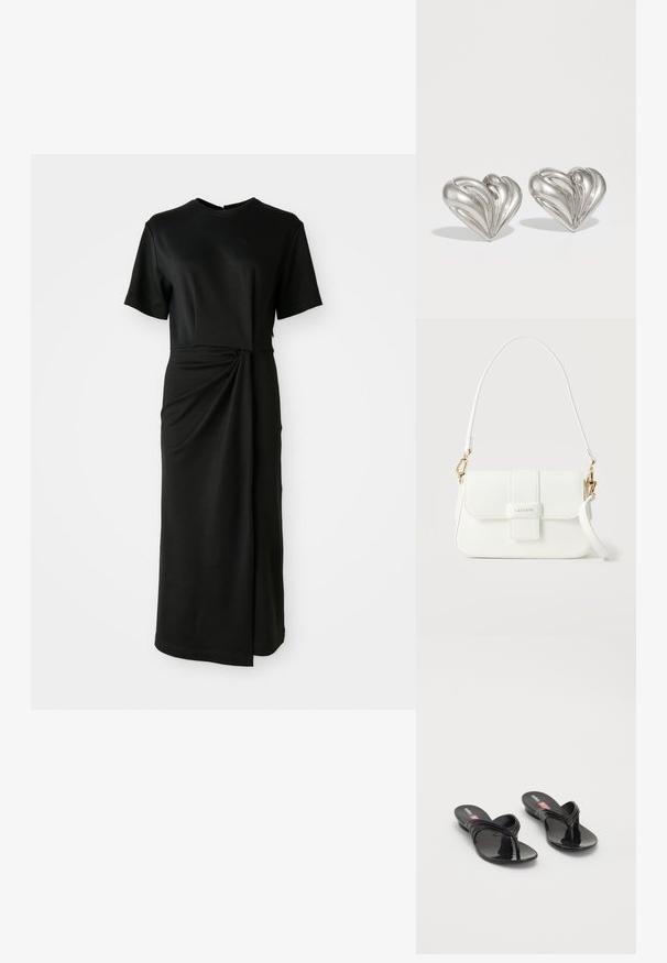Vestido negro midi en tela suave, con mangas cortas, escote redondo y un detalle retorcido en la cintura que crea un efecto drapeado.; Melissa QUANTUM THONG X DIESEL - Sandalias de dedo - black; Bolso de hombro de cuero blanco Lacoste con cierre de solapa, herrajes dorados y correa desmontable sobre un fondo liso.; Pendientes en forma de corazón de plata con un diseño de ondas texturizadas y un pequeño acento en forma de domo en el centro. Acabado metálico liso con una calidad reflectante.