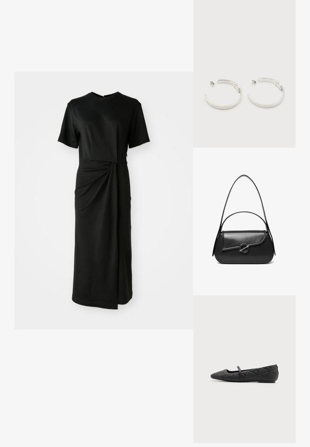 Robe midi noire en tissu doux, avec des manches courtes, un col rond et un détail noué à la taille qui crée un effet drapé.; Chaussure plate noire à bout pointu avec motifs géométriques matelassés et une fine bride sur le cou-de-pied sur fond uni.; Sac à bandoulière en cuir noir avec un rabat incurvé fermé par un fermoir métallique rond et une sangle fine et ajustable.; Boucles d'oreilles demi-cercles ton argent avec texture striée et fermoirs à pression sur fond blanc.