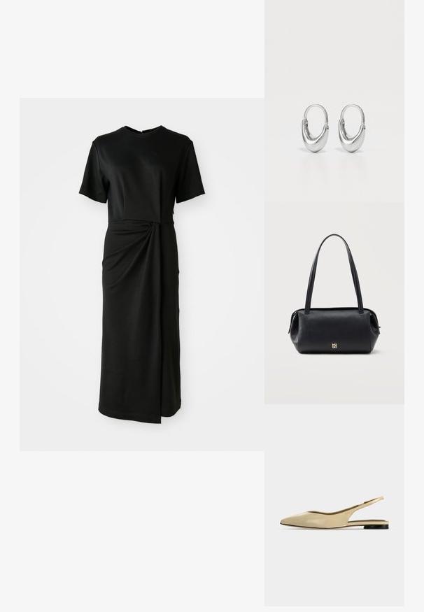 Vestido negro midi en tela suave, con mangas cortas, escote redondo y un detalle retorcido en la cintura que crea un efecto drapeado.; Zapato plano beige con puntera puntiaguda, diseño slingback, tacón bajo negro y acabado en cuero liso, mostrado de perfil sobre un fondo liso.; Bolso de hombro rectangular de piel negra con correas largas y pequeño logo dorado "HUGO" en el centro delantero.; Pendientes de aro de plata con forma curva de lágrima y acabado pulido. Presentan un cierre seguro y una textura suave.