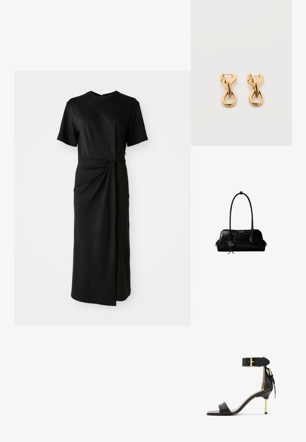 Robe midi noire en tissu doux, avec des manches courtes, un col rond et un détail noué à la taille qui crée un effet drapé.; Sandale à talon en cuir noir avec un bout carré, une bride de cheville dotée d'une boucle en or et un talon métallique fin. Texture lisse, design minimaliste.; Sac à épaule en cuir noir à texture crocodile, avec de longues sangles et un petit charm logo argenté sur une sangle.; Paire de boucles d'oreilles créoles en bouclettes dorées brillantes sur fond blanc uni, présentant un design torsadé entrelacé.
