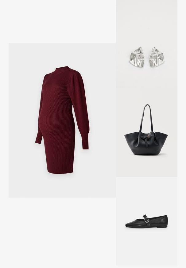 Burgundy ribbed neulevaate äitiysmekko, jossa on pitkät puff-hihat ja korkea kaulus, suunniteltu sopimaan vauvan mahalle.; Mustat nahkakengät, joissa on pyöreä kärki, yksi säädettävä solkiremmija sileä, kiiltävä pinta. Minimalistinen muotoilu ja matala korko.; Musta nahkainen olkalaukku pitkillä kahvoilla ja etuosassa pieni kultainen solki, yksiväristä taustaa vasten.; Hopeakauppaketju, jossa on aaltoileva, veistoksellinen muotoilu ja kiiltävä pinta, esittelee epäsäännöllisiä muotoja, korostaen nykyaikaista estetiikkaa.