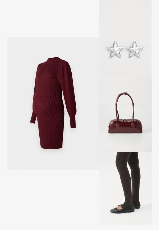 Vestido de maternidad de punto acanalado burdeos con mangas largas abullonadas y cuello alto, diseñado para adaptarse a una barriga de embarazo.; Piernas con leggings oscuros acanalados combinados con bailarinas negras que presentan pequeños detalles de lazo sobre un fondo blanco.; Bolso de piel burdeos con forma curva, asas dobles, cierre de cremallera y sutilezas en los detalles de costura. Acabado suave y brillante.; Pendientes en forma de estrella plateada con una superficie pulida y brillante. Cada pendiente presenta cinco puntas y sutiles detalles de textura en la superficie.