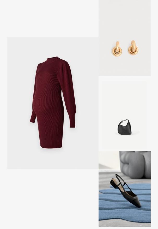 Burgunderfarbendes, geripptes Strick-Maternity-Kleid mit langen Puffärmeln und hohem Ausschnitt, entworfen für eine werdende Mutter.; Schwarzer Slingback-Schuh aus Lackleder mit niedrigem Blockabsatz, der auf einem strukturierten blauen wellenförmigen Teppich und grauen gepolsterten Möbeln ruht.; Schwarze Leder-Umhängetasche mit abgerundeter dreieckiger Form und verstellbarem Riemen vor einem schlichten hellen Hintergrund.; Paar glänzende goldene Creolen mit dicken runden Gliedern auf schlichtem hellgrauem Hintergrund.