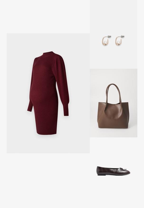 Bordeaux ribbet strikket gravidkjole med lange puffærmer og høj halsudskæring, designet til at passe en babybu.; Brune læderballerina med rund tå, lille sløjfe detalje og en glat tekstur. Flad sål, minimalistisk design uden udsmykninger.; Brun læder tote taske med to lange håndtag, struktureret form, glat tekstur og minimalistisk design. Ingen synligt hardware eller accenter.; Rosaguld metal hoops med en glat hvid perle i midten; har en skruebaglukning.