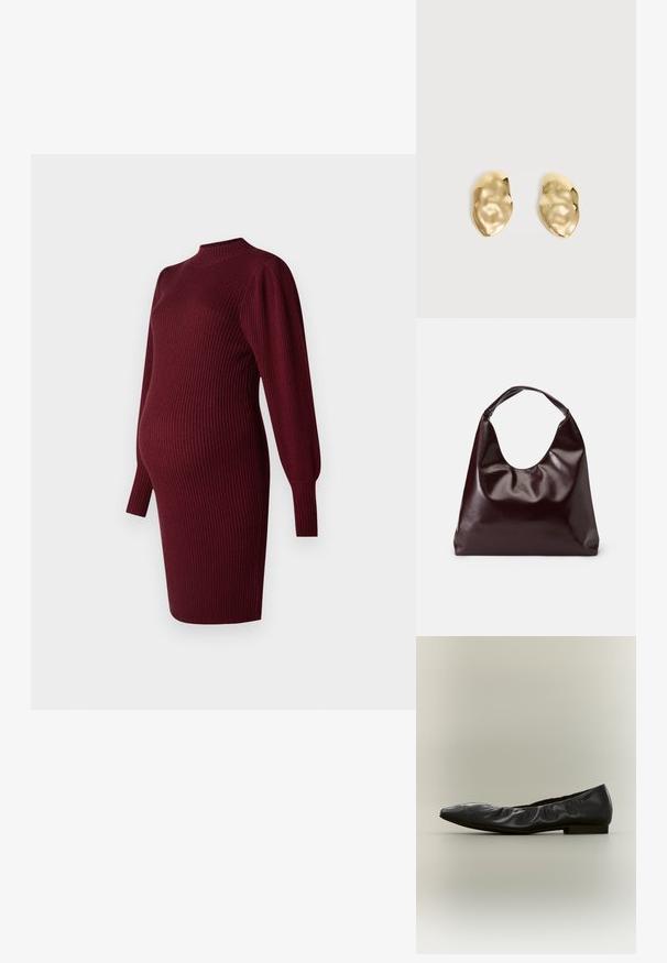 Burgunderfarbendes, geripptes Strick-Maternity-Kleid mit langen Puffärmeln und hohem Ausschnitt, entworfen für eine werdende Mutter.; Schwarzer flacher Lederschuh mit spitzer Kappe und gerafftem Elastikdetail entlang der Öffnung, seitlich vor neutralem Hintergrund gezeigt.; Burgunderfarbene, glänzende tote Bag aus veganem Leder mit einer weichen, skulpturalen Form und einem breiten, geschwungenen Henkel für einfaches Tragen.; Paar glänzende, unregelmäßig geformte Ohrstecker aus Goldmetall mit zerknitterter, glatter Oberfläche auf schlichtem hellem Hintergrund.