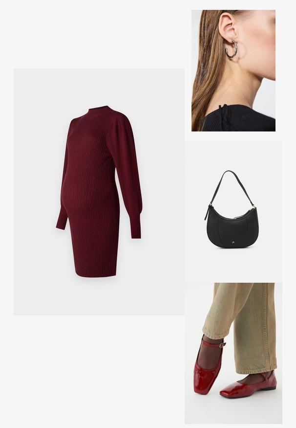 Burgunderfarbendes, geripptes Strick-Maternity-Kleid mit langen Puffärmeln und hohem Ausschnitt, entworfen für eine werdende Mutter.; Rote Lacklederschuhe mit quadrater Zehenform, niedrigem Absatz und Knöchelriemen, kombiniert mit hellgrünen weiten Jeans. Glatte Textur, reflektierende Oberfläche.; Schwarze Lederhandtasche mit geschwungenem Design, strukturiertem Material, vorderen Nähten und einem Logo in Goldtönen. Verfügt über einen einzelnen verstellbaren Tragegurt.; Silberne Creolen mit polierter Oberfläche, die kleine goldene Akzentdetails und eine runde Form aufweisen, am Ohrläppchen getragen.