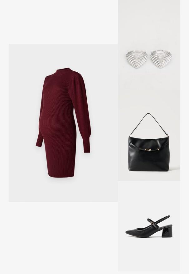 Robe de maternité en maille côtelée bordeaux avec de longues manches bouffantes et un col montant, conçue pour épouser un ventre de grossesse.; Escarpins slingback en cuir verni noir avec un embout pointu, un design à découpes arrondies et un talon carré. Présente un accent de boucle en ton doré.; Sac à épaule en cuir noir avec une bandoulière unique et un petit détail de boucle dorée à l'avant, sur un fond clair uni.; Boucles d'oreilles en argent avec un design ondulé et texturé, en forme de croissants superposés ; la finition polie accentue les qualités réfléchissantes.