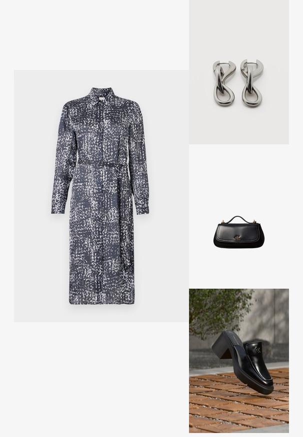 Calvin Klein DRESS - Tričkové šaty - inkwell; Čierne kožené šľapky Calvin Klein s blokovým podpätkom, ktoré oddychujú na drevených dlaždiciach vonku blízko zelenej rastliny a šedej steny.; Čierna kožená kabelka s malým rúčkou, zlatým logom "cK" na prednej klopke a zlatými kovovými akcentmi.; Pár strieborných kovových náušníc s abstraktným prepletajúcim sa slučkovým vzorom na bielom pozadí.