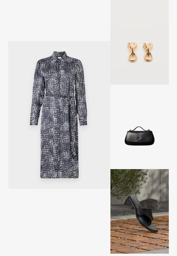 Calvin Klein DRESS - Tričkové šaty - inkwell; Čierna sandála Calvin Klein na podpätku s prstovou slučkou na drevenej dlažbe vonku pri strome a kamennom múre.; Čierna kožená kabelka s malým rúčkou, zlatým logom "cK" na prednej klopke a zlatými kovovými akcentmi.; Pár lesklých náušníc v tvare zlatých kruhov s prepleteným stočeným dizajnom na jednoduchom bielom pozadí.
